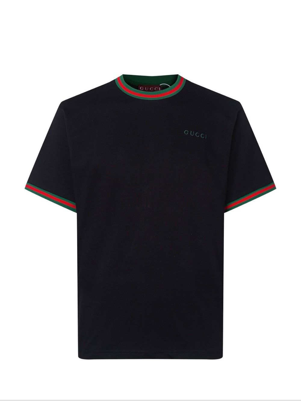 New Gucci Black Short-Sleeve Logo Tee shirt with Green-Red Trim size L 29’ x 21’